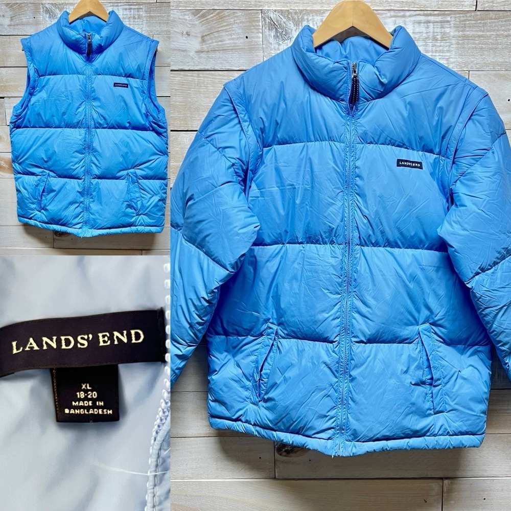 Lands End Down Jacket Girls XL 18-20‎ Blue Convertible Vest Long Sleeve Full Zip